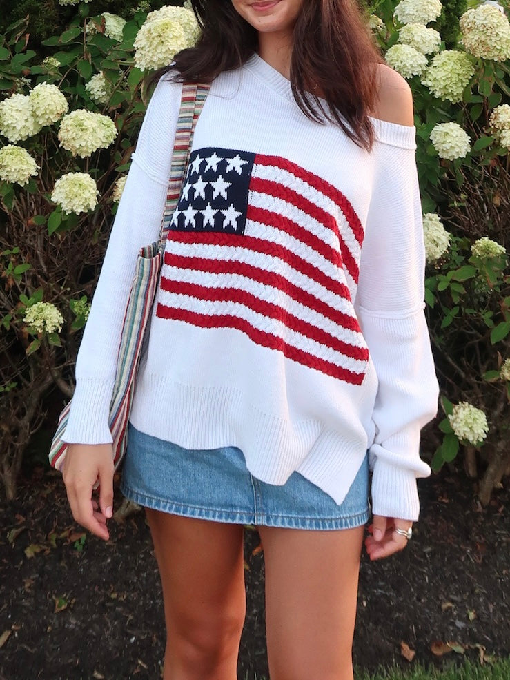 USA White Crochet Flag Sweater - Detailed View