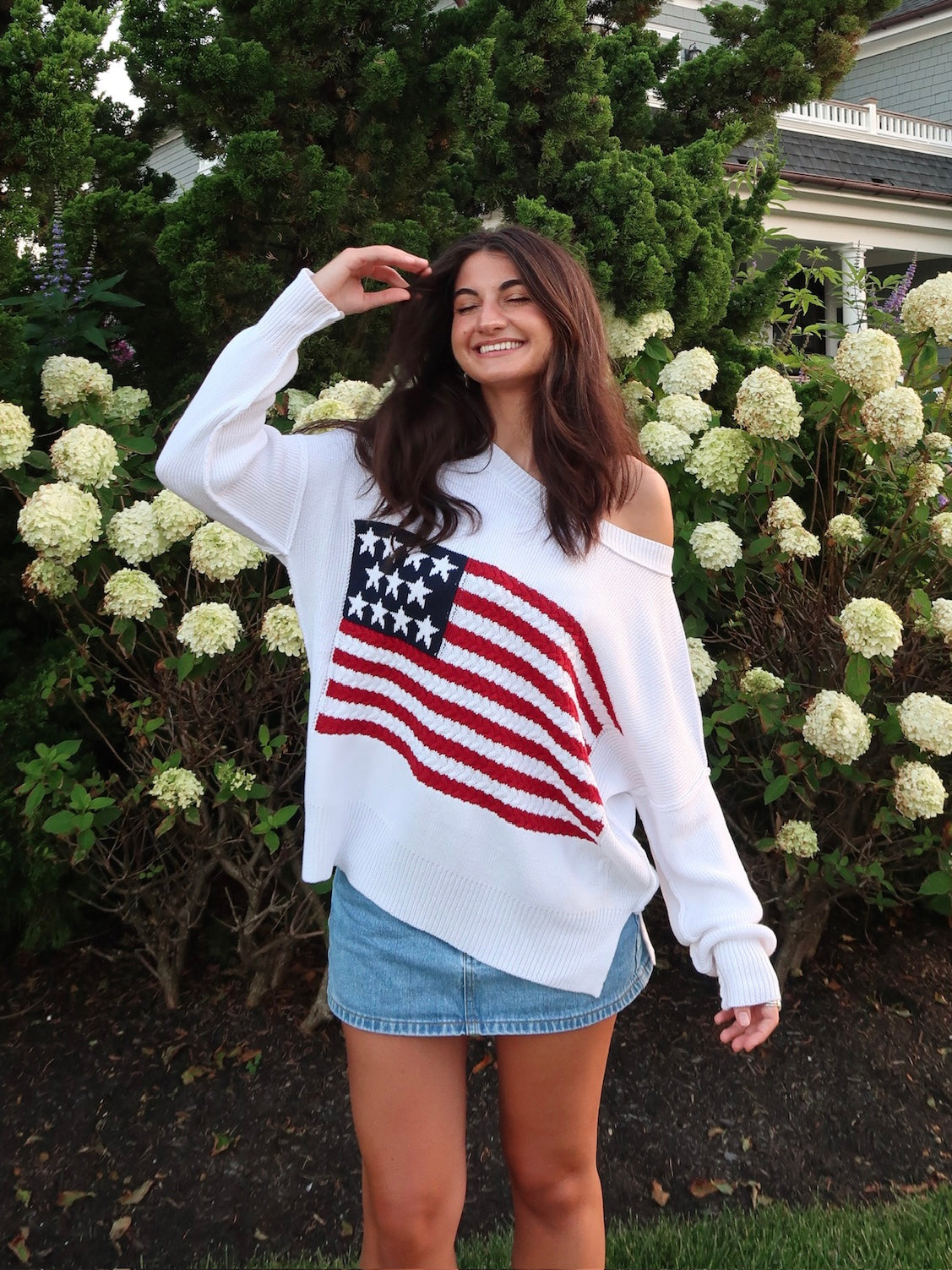 USA White Crochet Flag Sweater - Front View