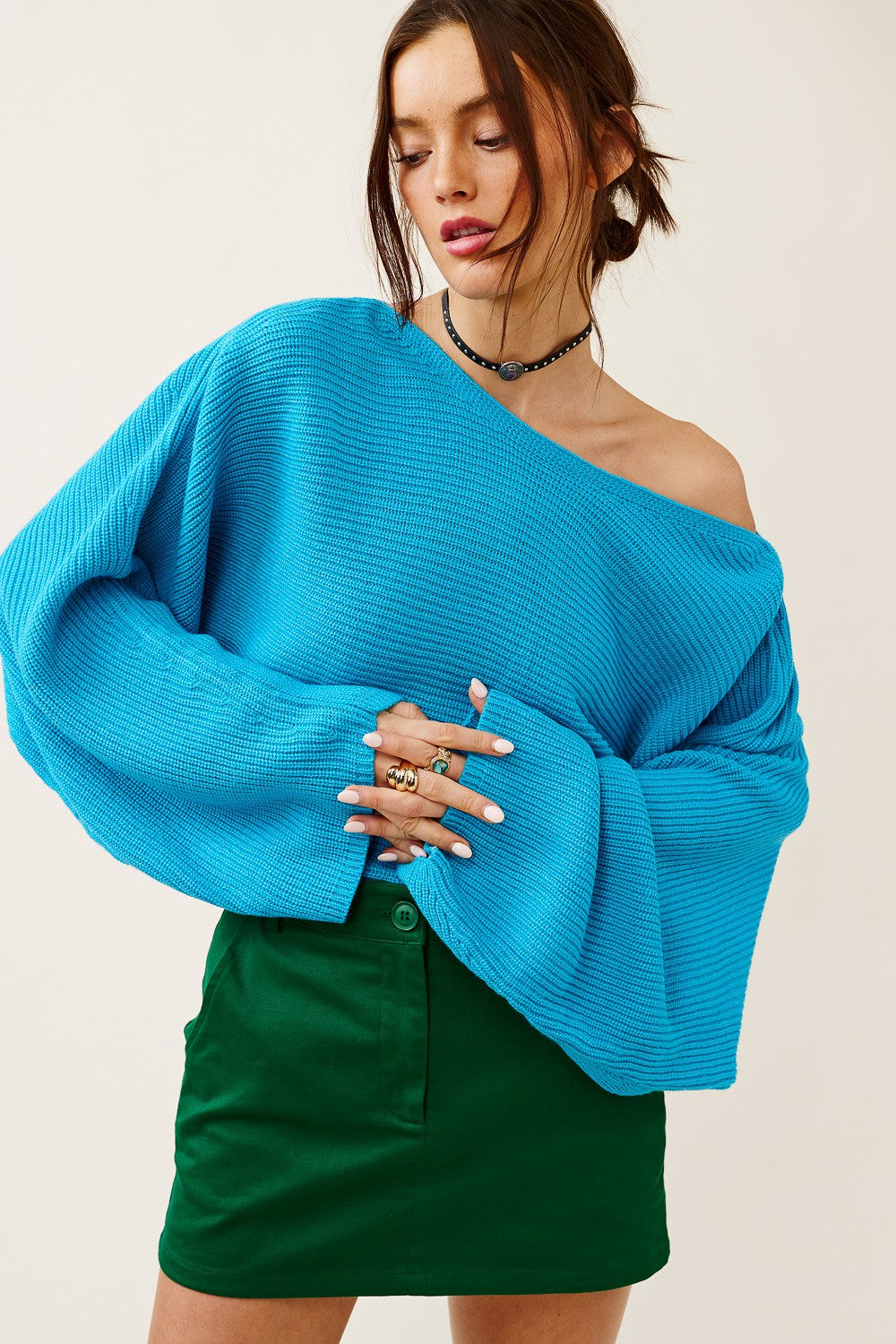 Open Back Cropped Sweater with slouchy fit.