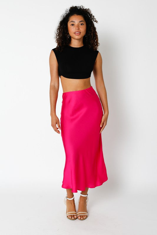Pink Satin Midi Skirt