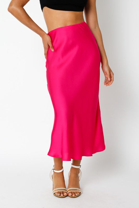 Hot Pink Satin Midi Skirt