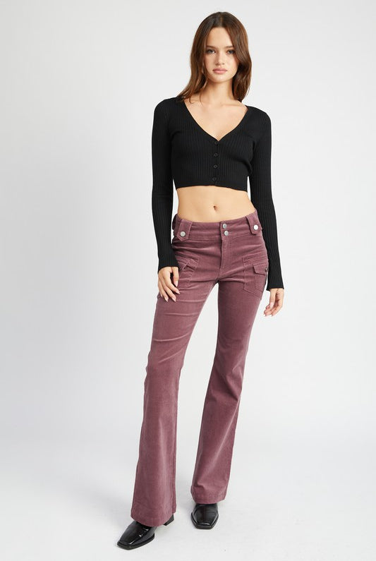 Serafina wine red low-waisted corduroy pants with flare bottom front view