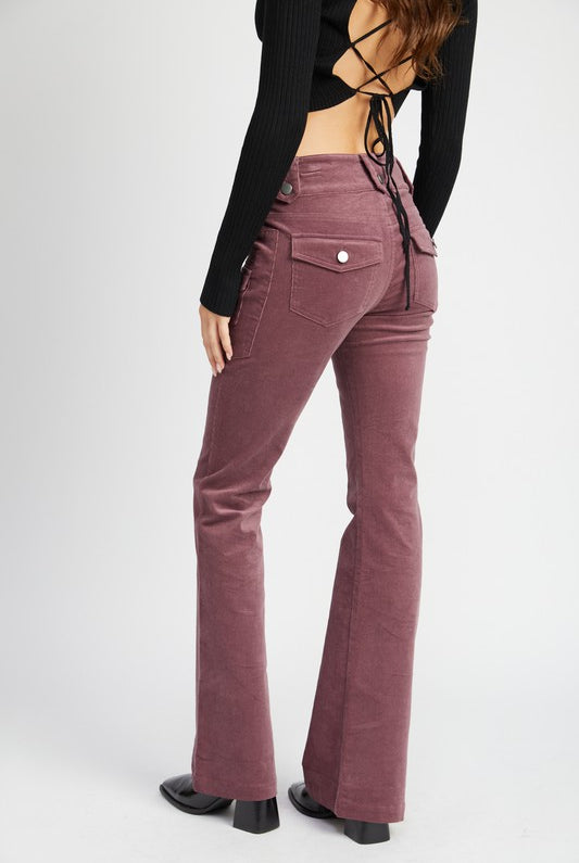 Back view of the Serafina wine low-waisted corduroy pants with flare leg
