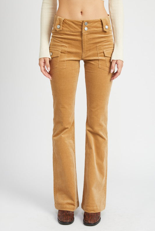 Serafina khaki low-waisted corduroy pants with flare bottom front view