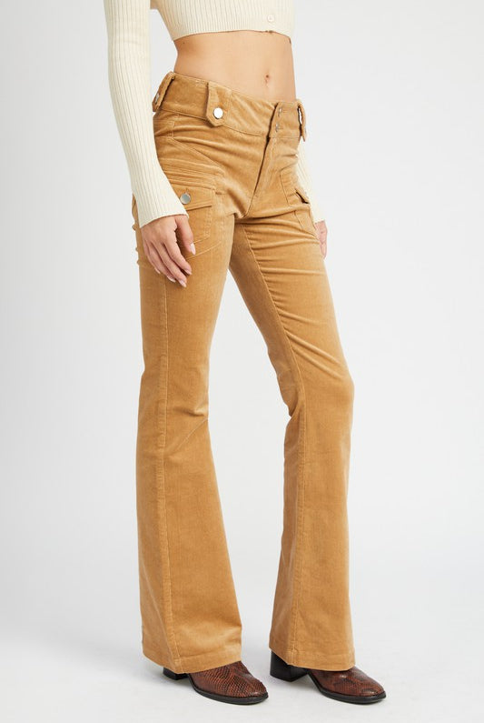 Full length shot of the Serafina khaki corduroy pants in a flared cargo style