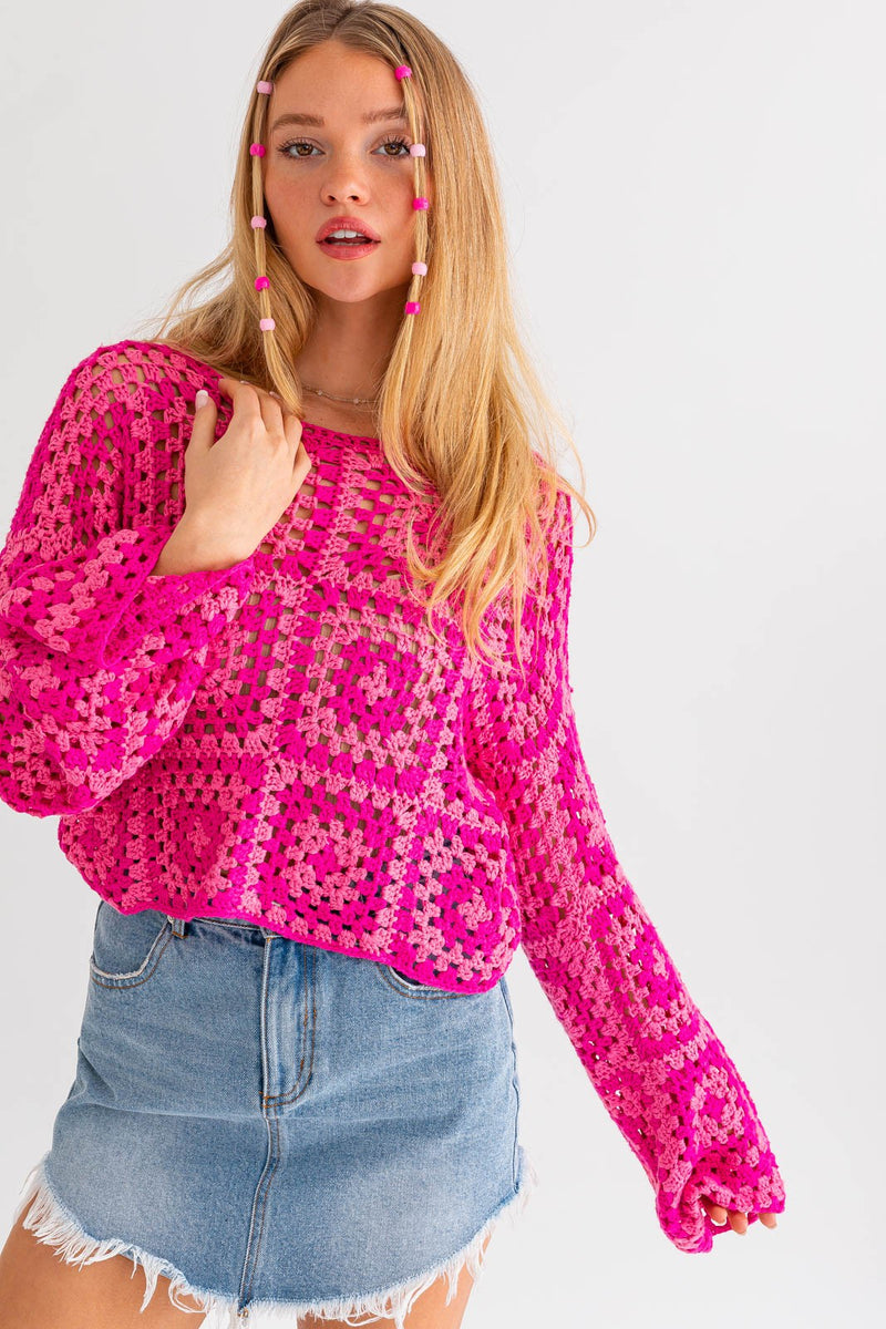 Pink Crochet Square Sweater | Cabana Club Boutique