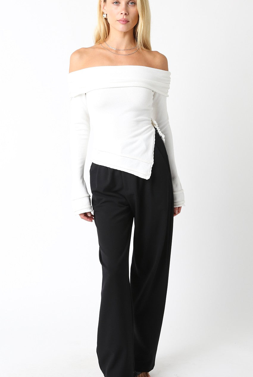 Ecru white asymmetric off-the-shoulder long sleeve top in a cashmere blend knit.