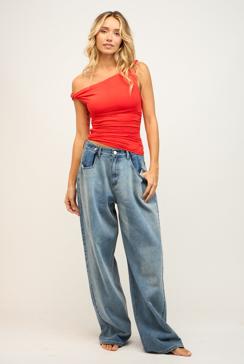 Red Asymmetric Off The Shoulder Top
