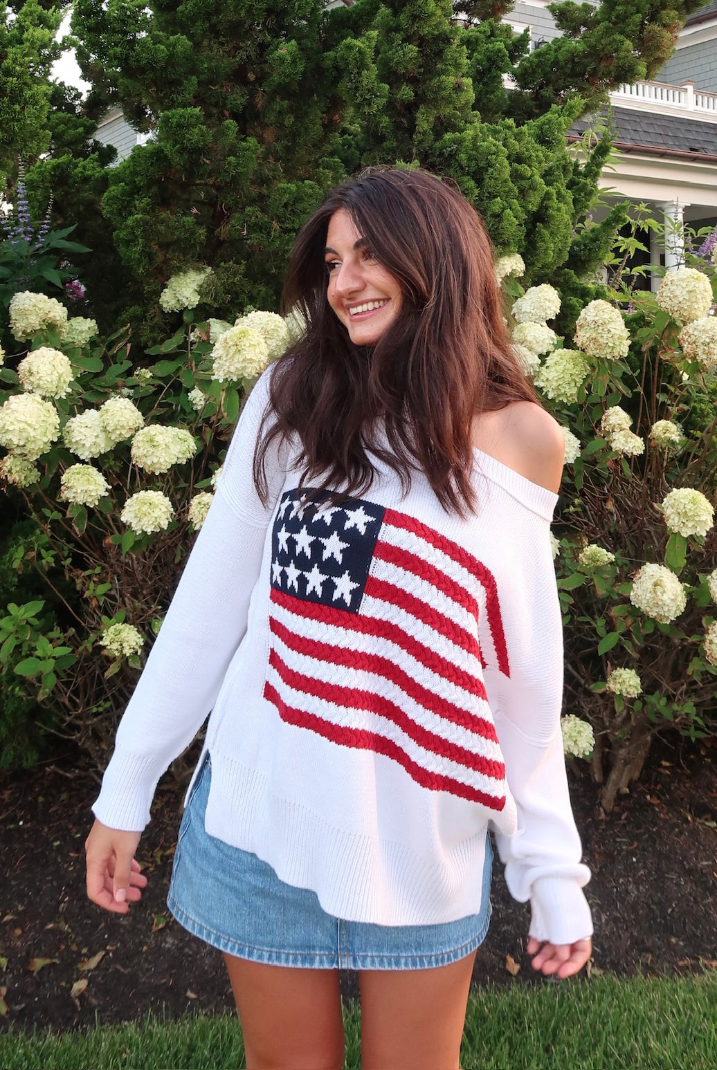 USA White Crochet Flag Sweater - Outfit View