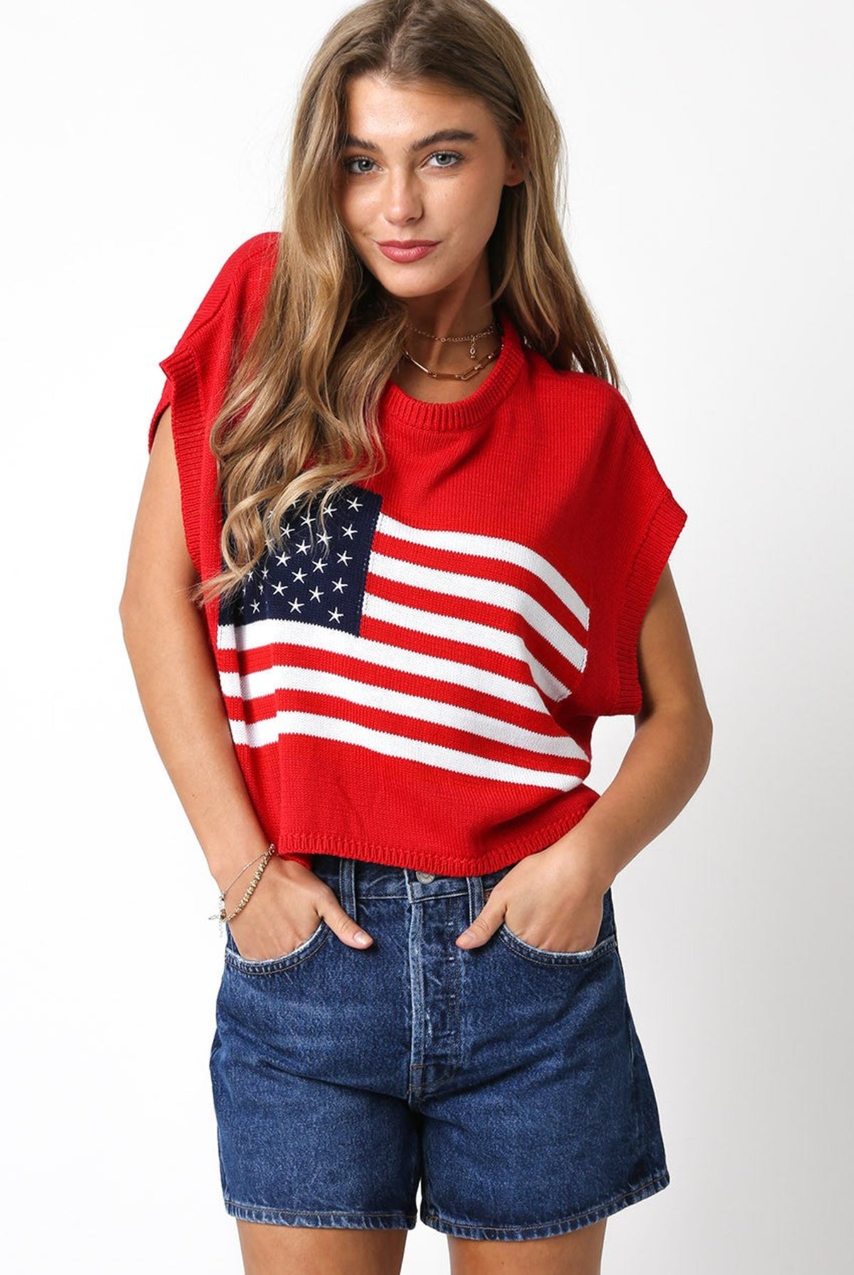 Red American Flag Sweater Top front