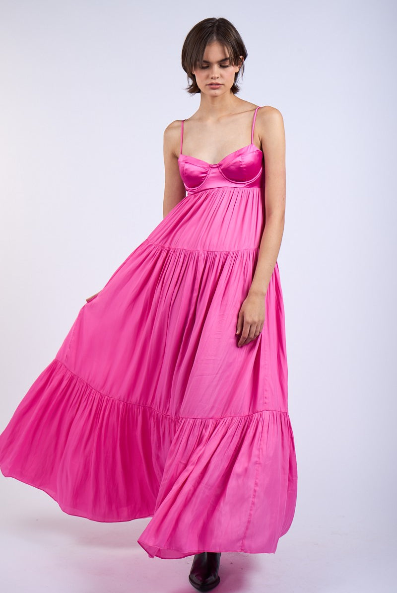 Pink satin bustier maxi dress for prom or black-tie wedding guests.