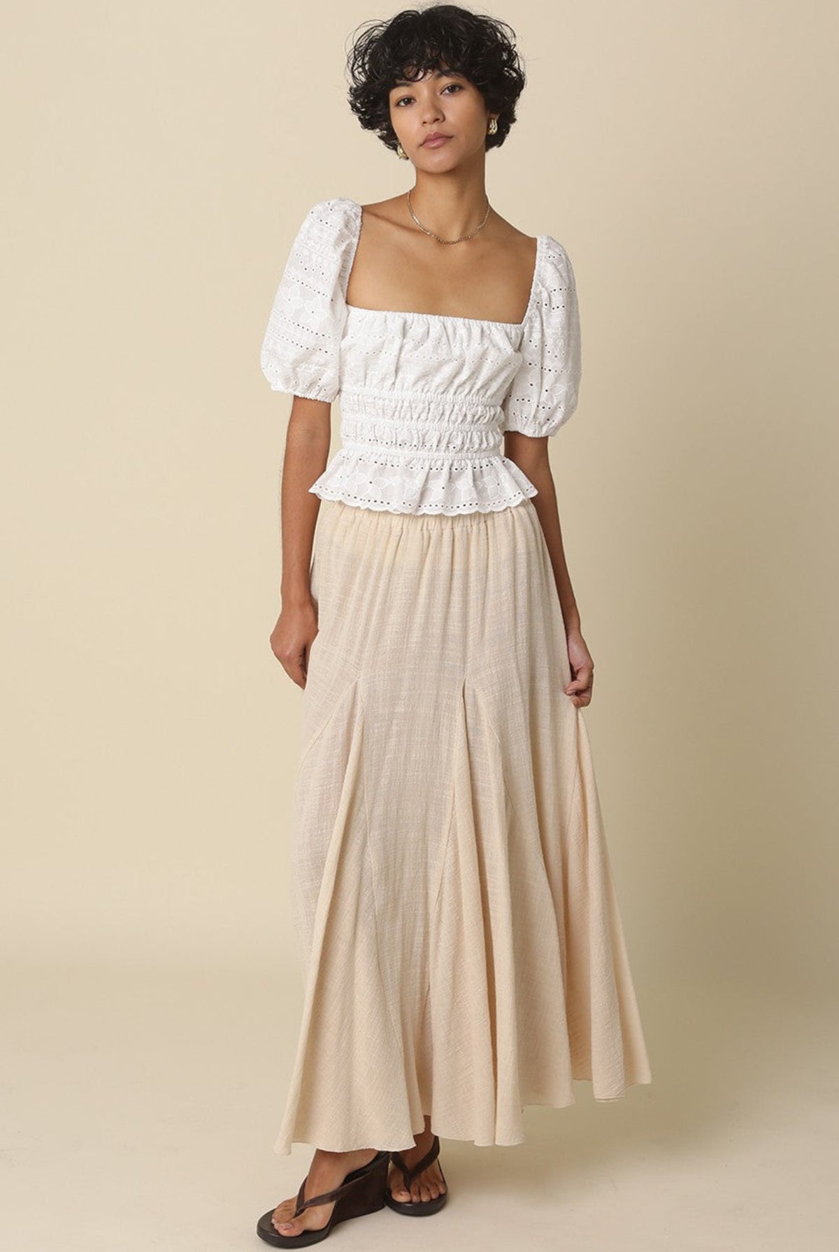 Lightweight beige boho maxi skirt with relaxed flowy fit