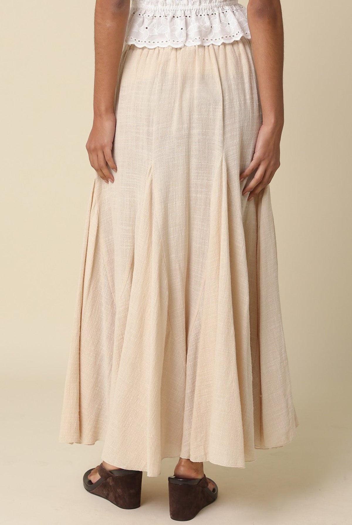 Flowy beige godet maxi skirt for women – boho summer style