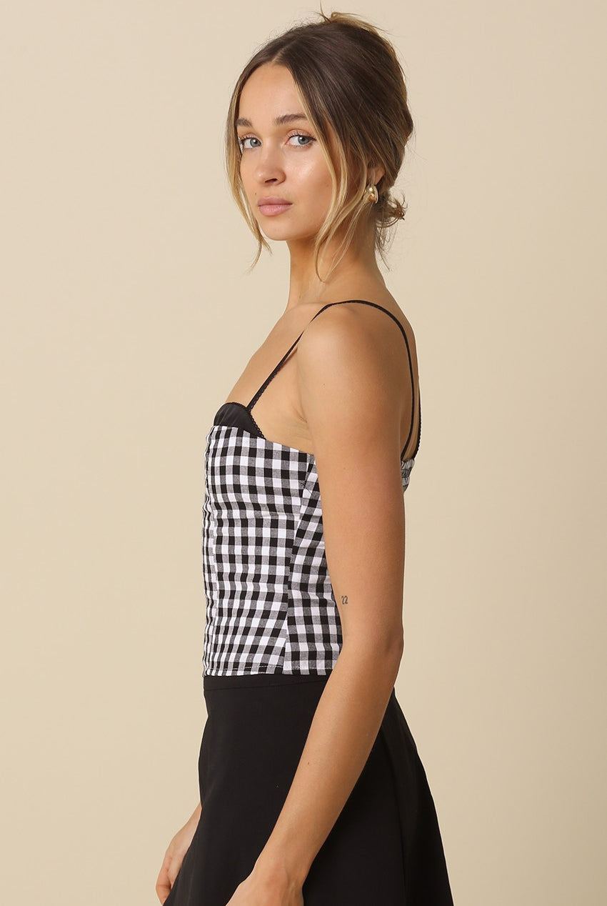 Matea black and white plaid fitted corset top featuring adjustable straps and peekaboo bra detail - Side View