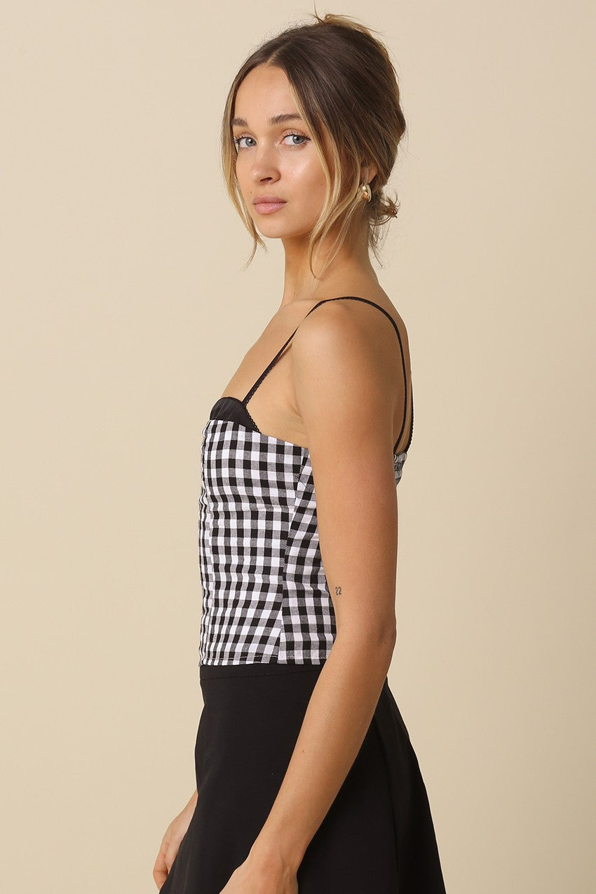 Matea black and white plaid fitted corset top featuring adjustable straps and peekaboo bra detail - Side View