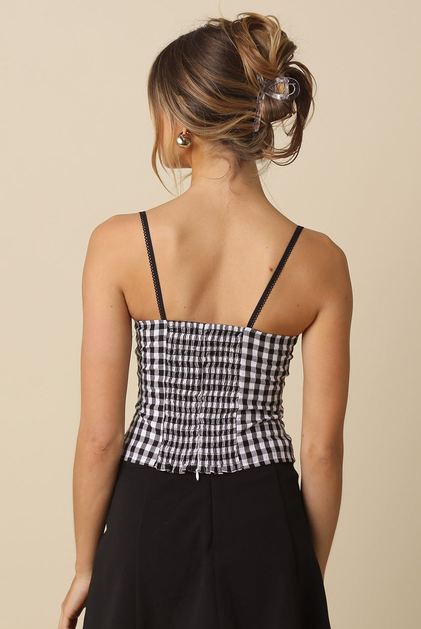 Back veiw black and white gingham bustier top.
