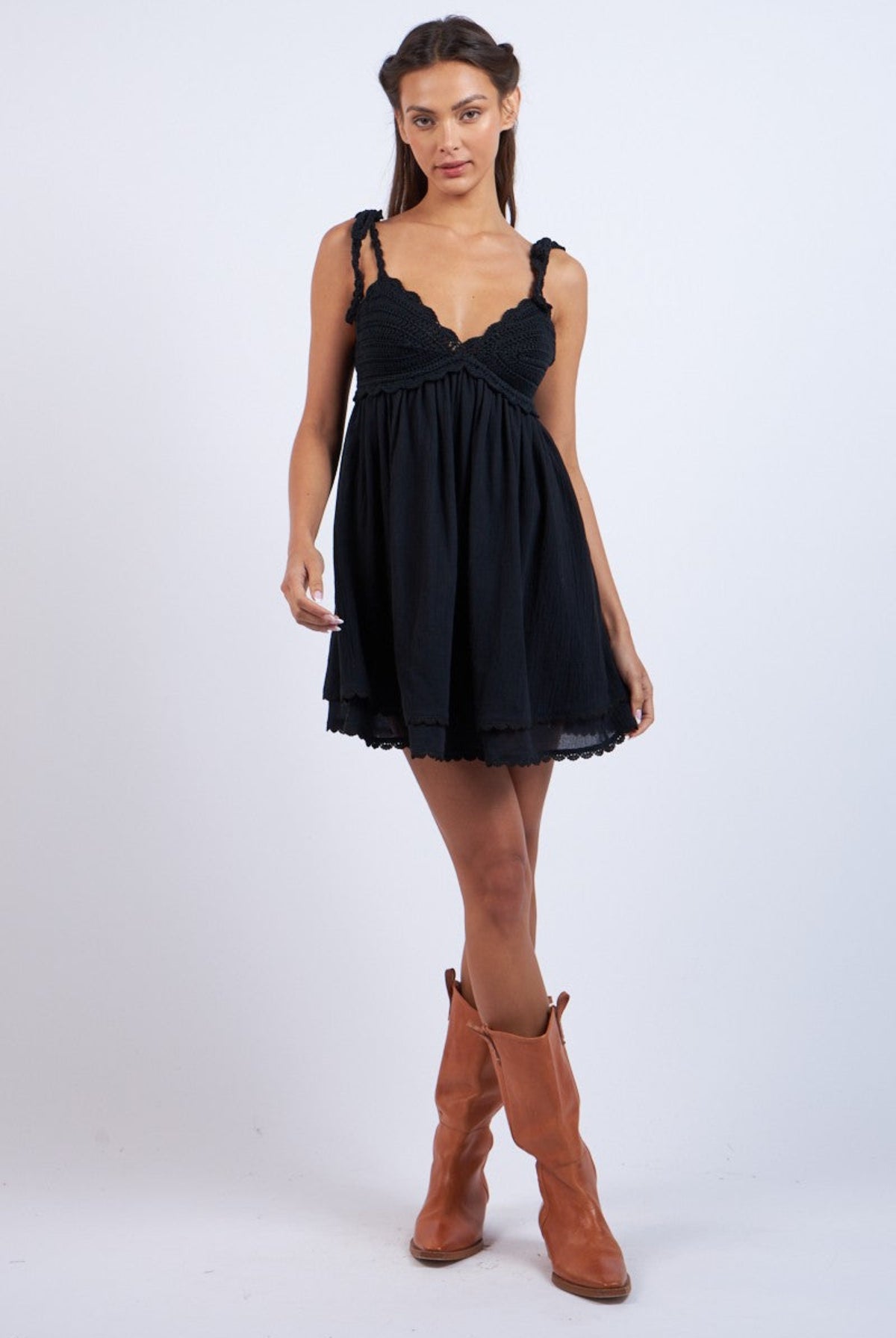 Zoe Black Crochet Babydoll Mini Dress styled with cowgirl boots
