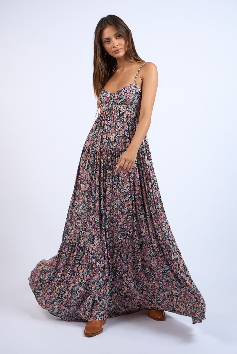 Flowy black tiered maxi dress for formal evening celebrations
