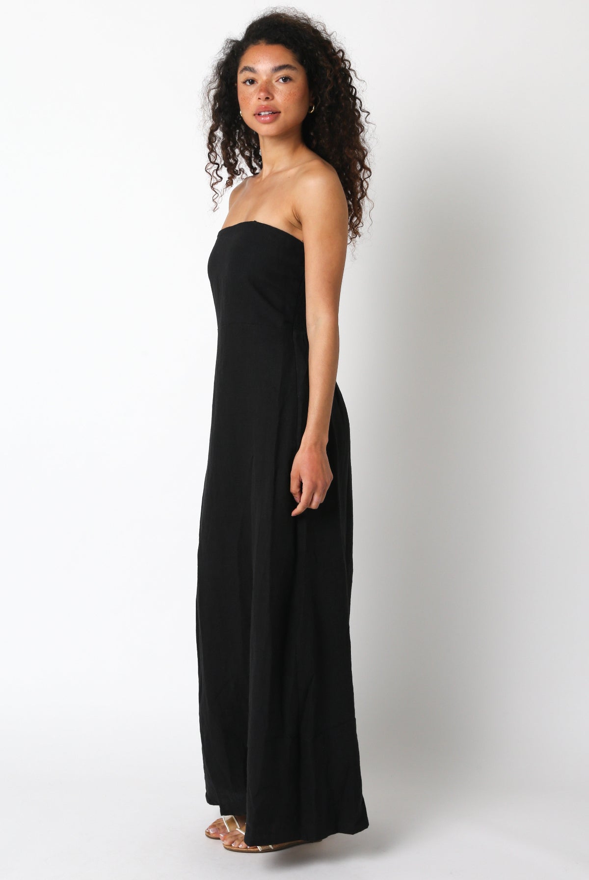 Corfu Black Linen Strapless Maxi Dress side view