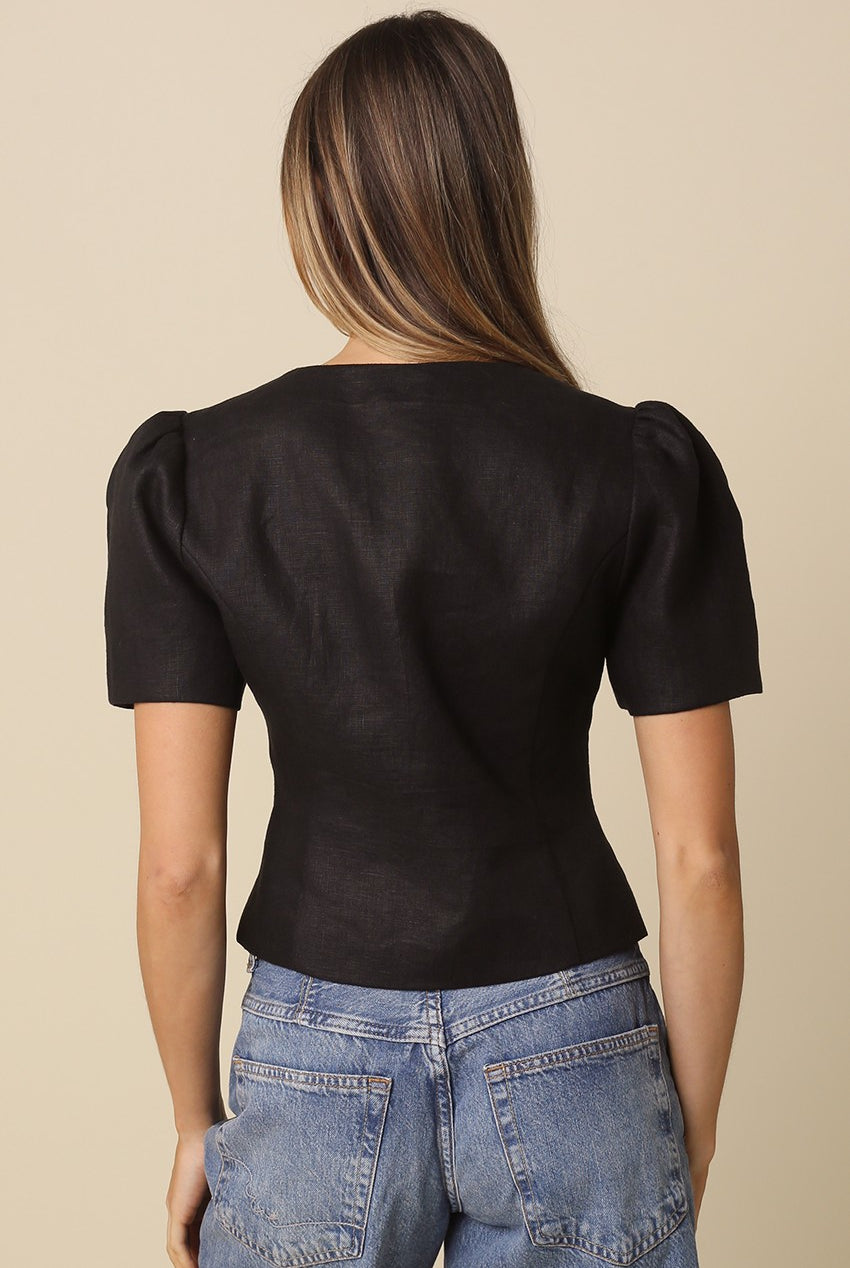 Black puff sleeve linen button-down top with round neck back view.