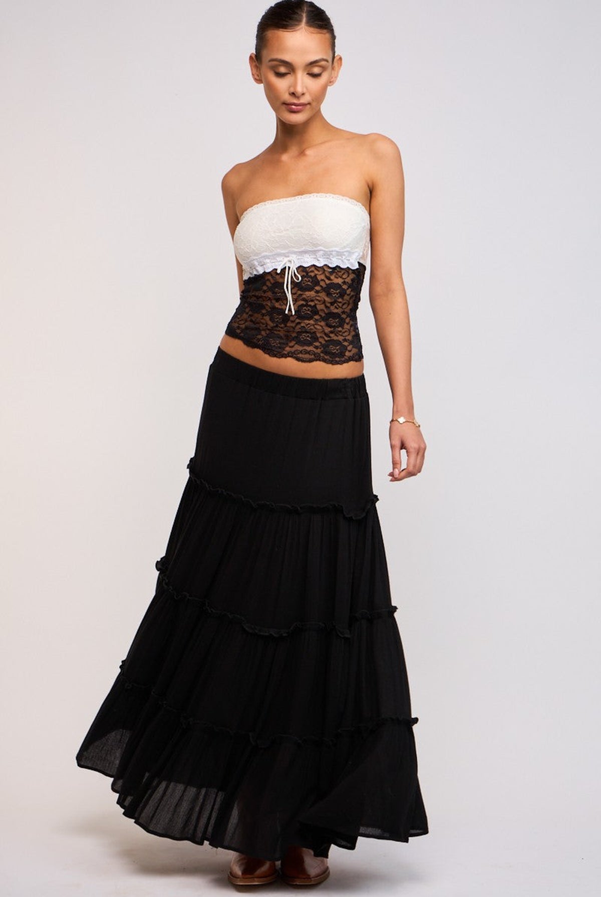 Take Me To Paradise Black Tiered Maxi Skirt front view