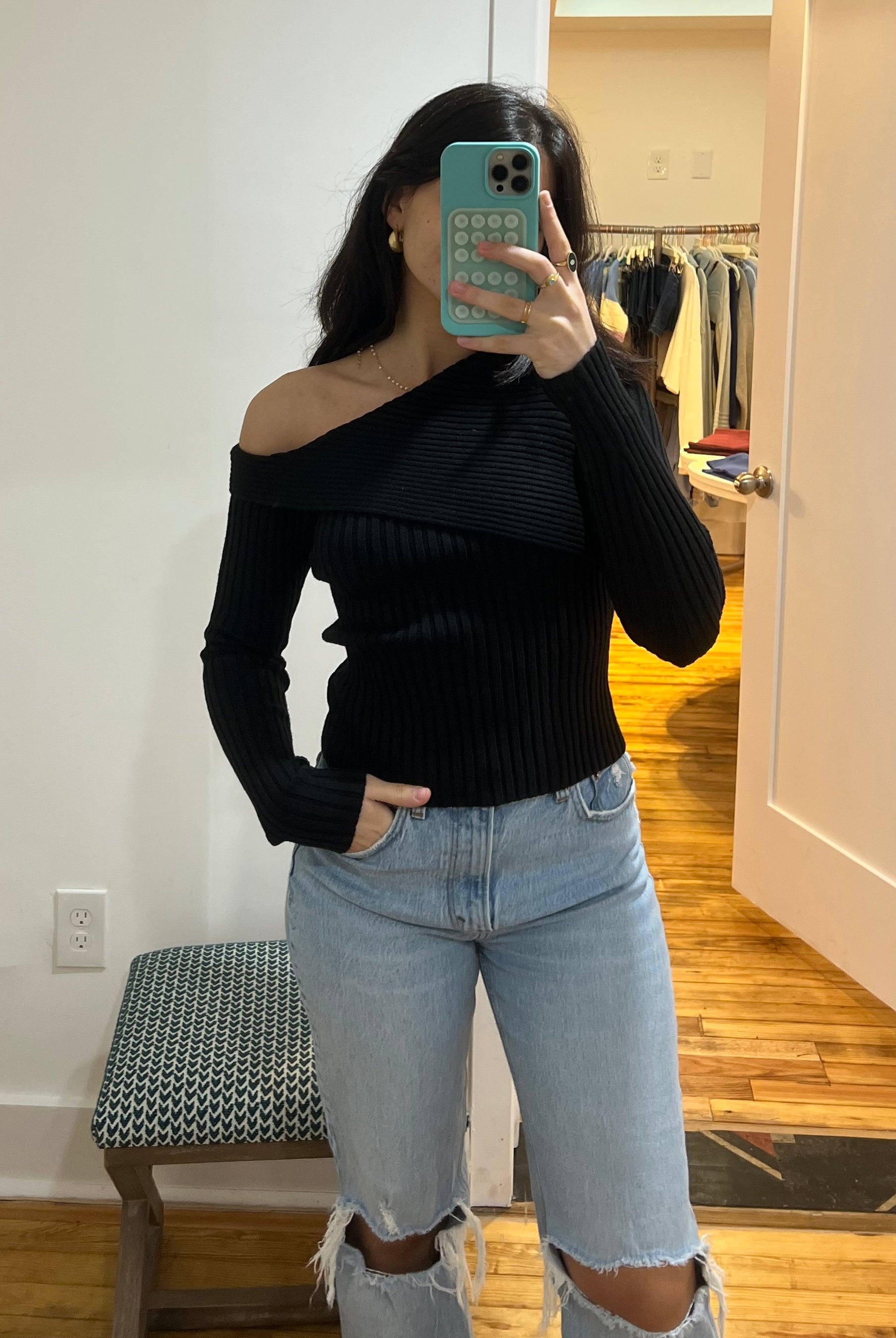 Black Off Shoulder Sweater Top