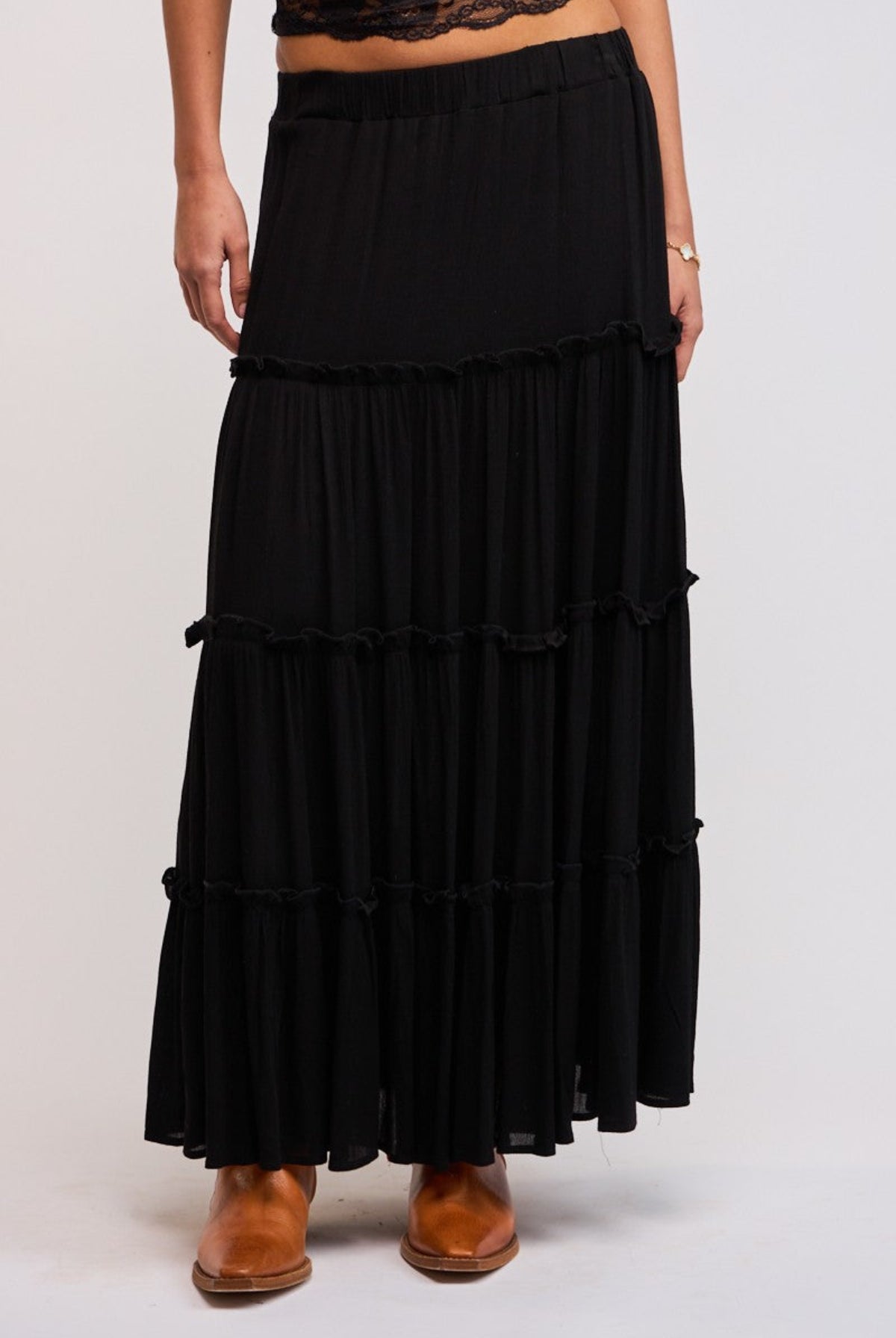 Take Me To Paradise Black Tiered Maxi Skirt detailed view