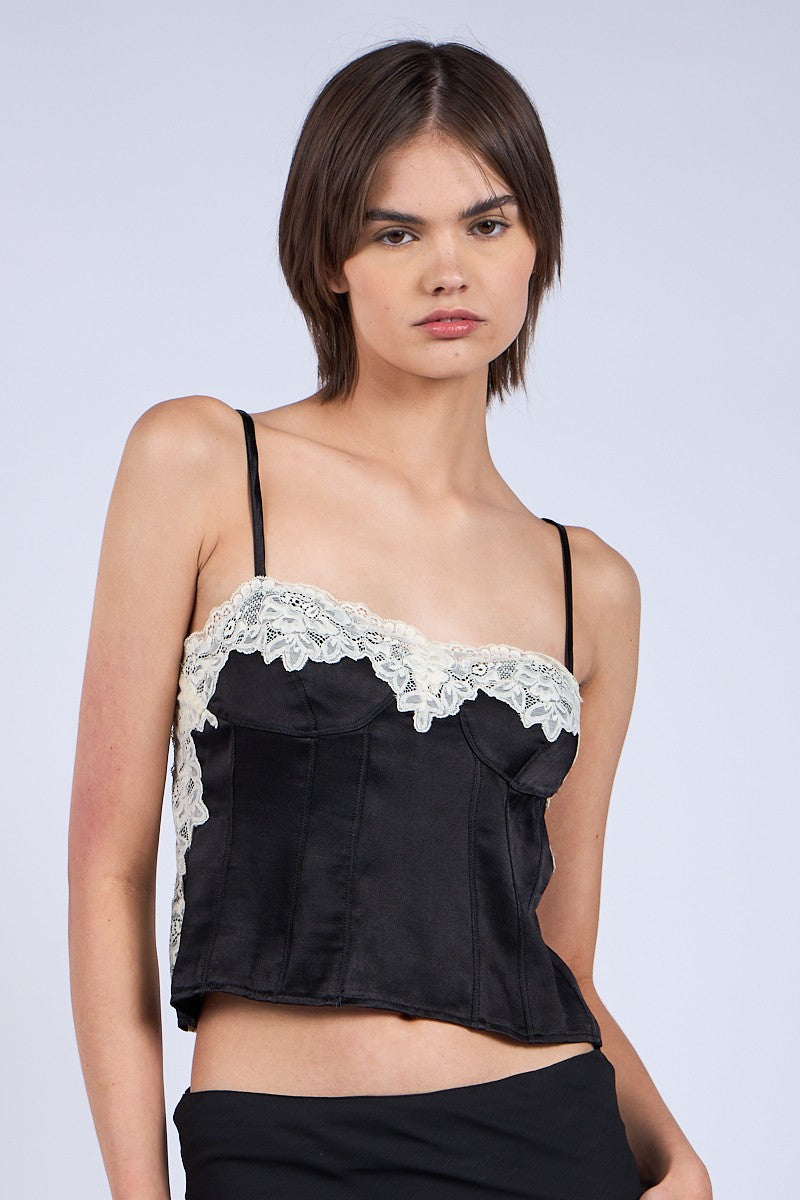 Tasha Black Satin Lace Cami Top with white lace trim and adjustable straps.