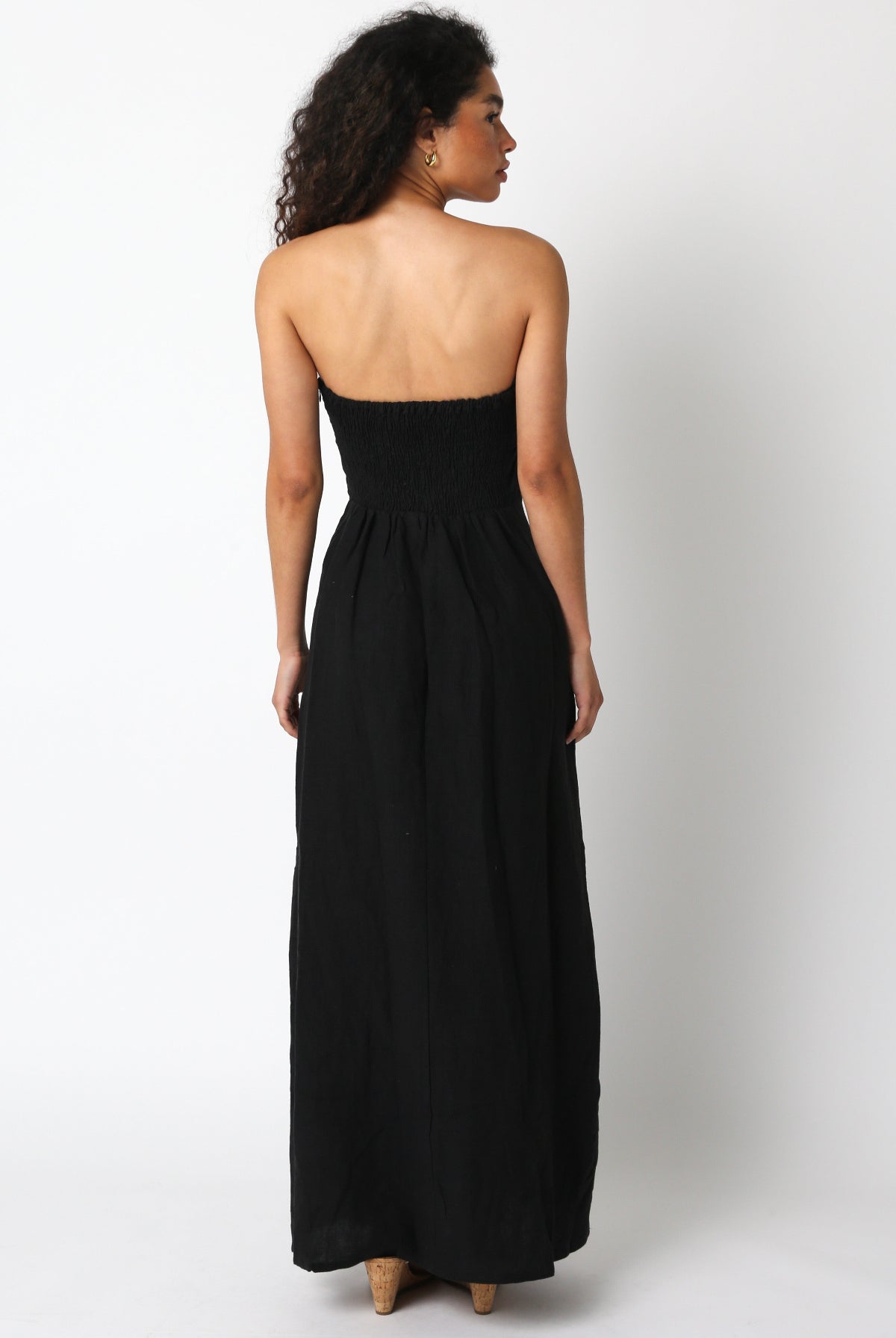 Corfu Black Linen Strapless Maxi Dress back view