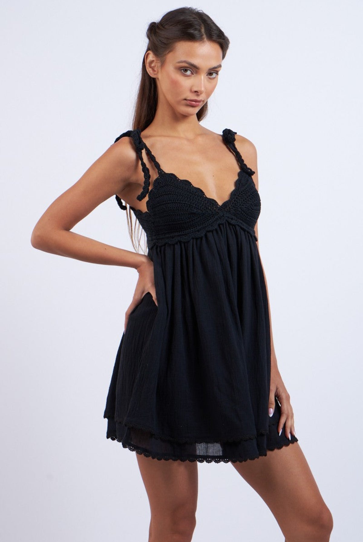 Zoe Black Crochet Babydoll Mini Dress side