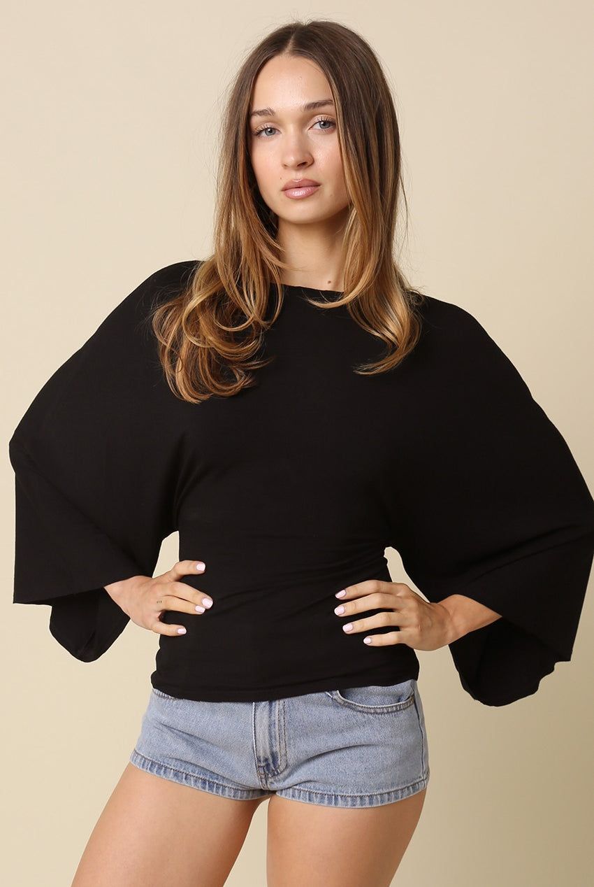 Black dolman sleeve top for women with adjustable back tie waist