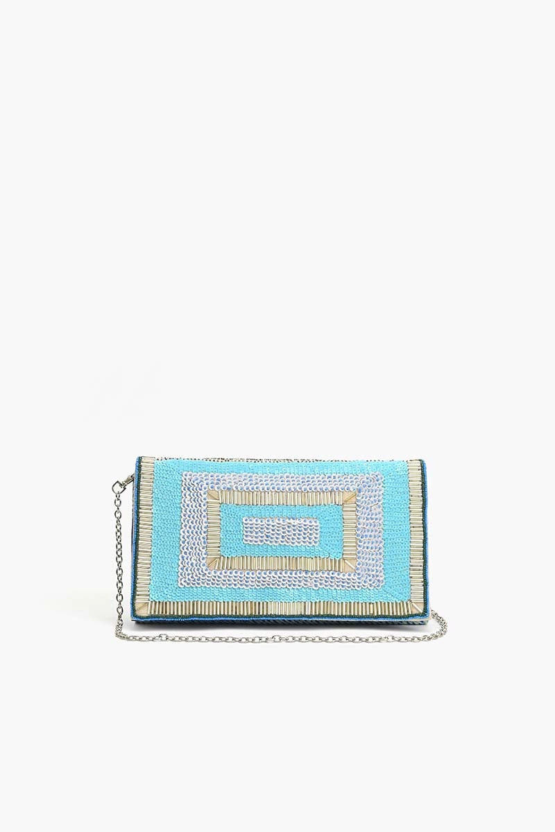 Blue embellished clutch with chain