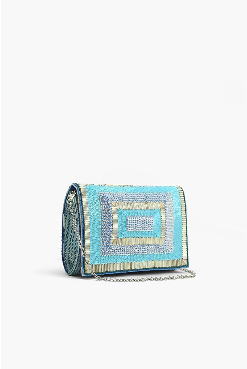 Blue embellished clutch front view
