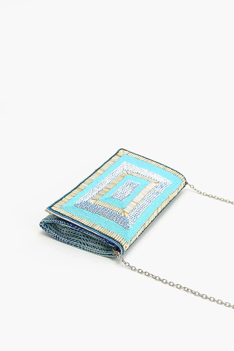 Blue clutch with silver chain