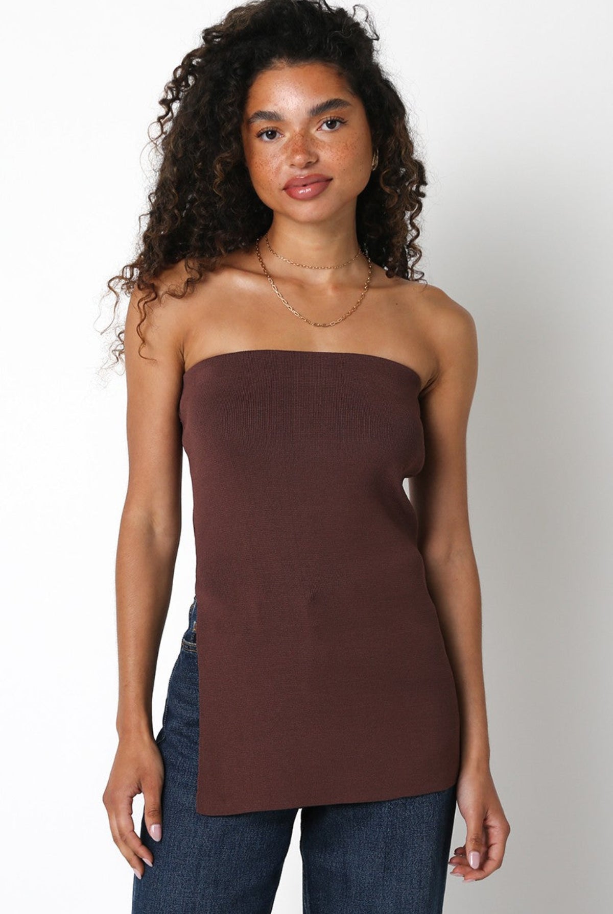 Dakota Brown Long Slit Knit Tube Top front
