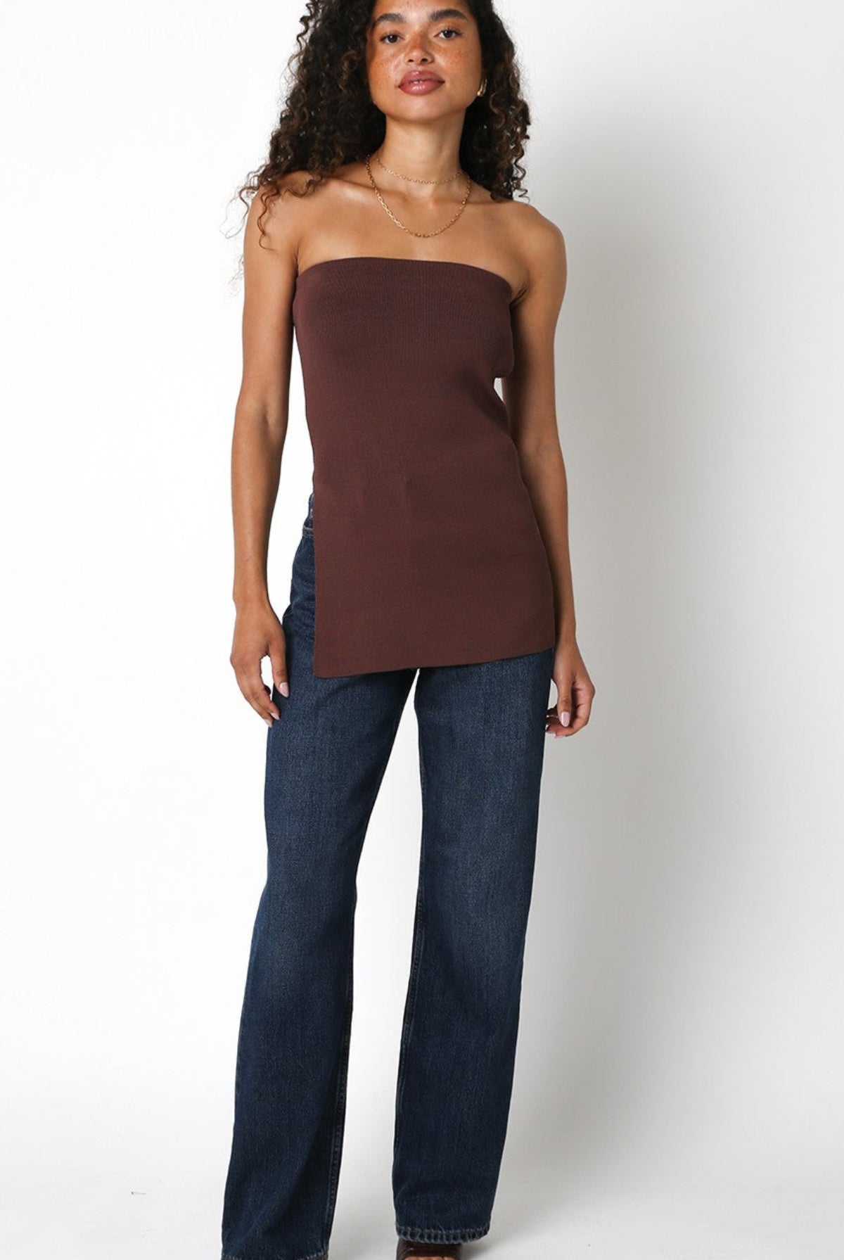 Dakota Brown Long Slit Knit Tube Top styled with jeans