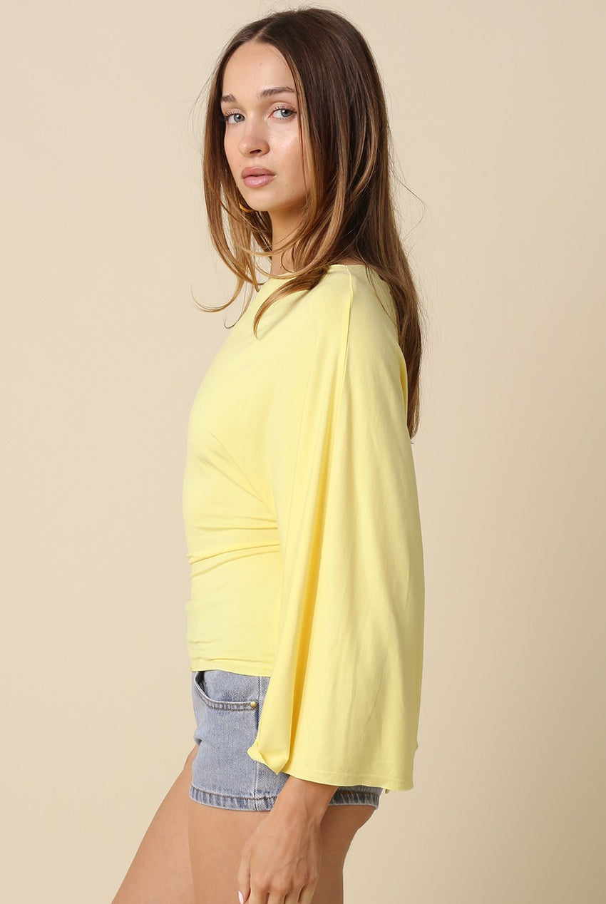 Butter yellow dolman sleeve knit top with wide sleeves