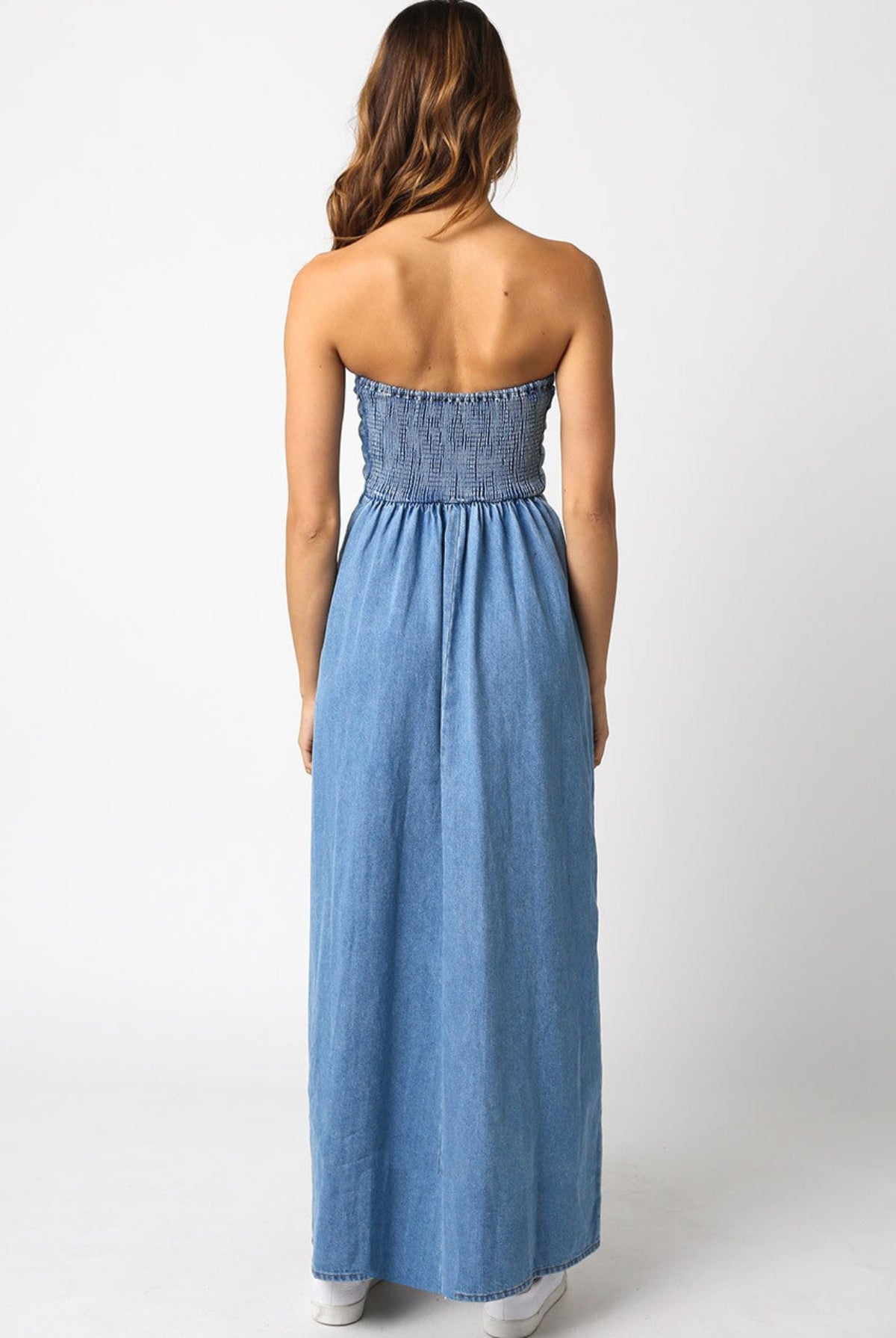 Corfu Light Denim Strapless Maxi Dress back view