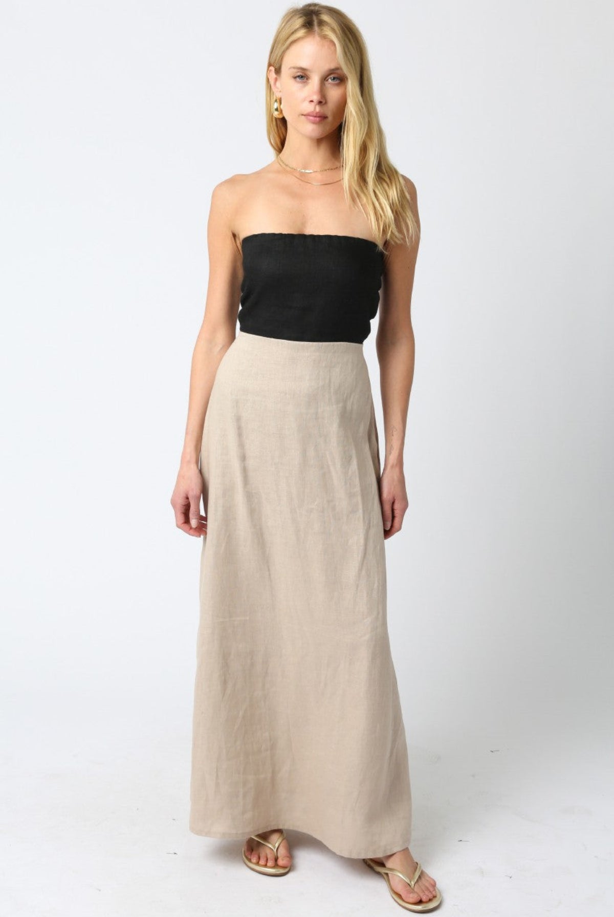 Corfu Black and Taupe Linen Strapless Maxi Dress front view