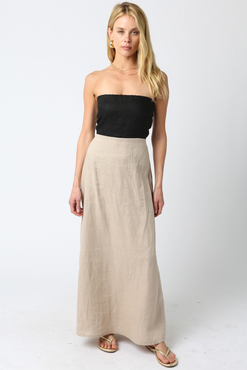 Black And Taupe Linen Strapless Maxi Dress