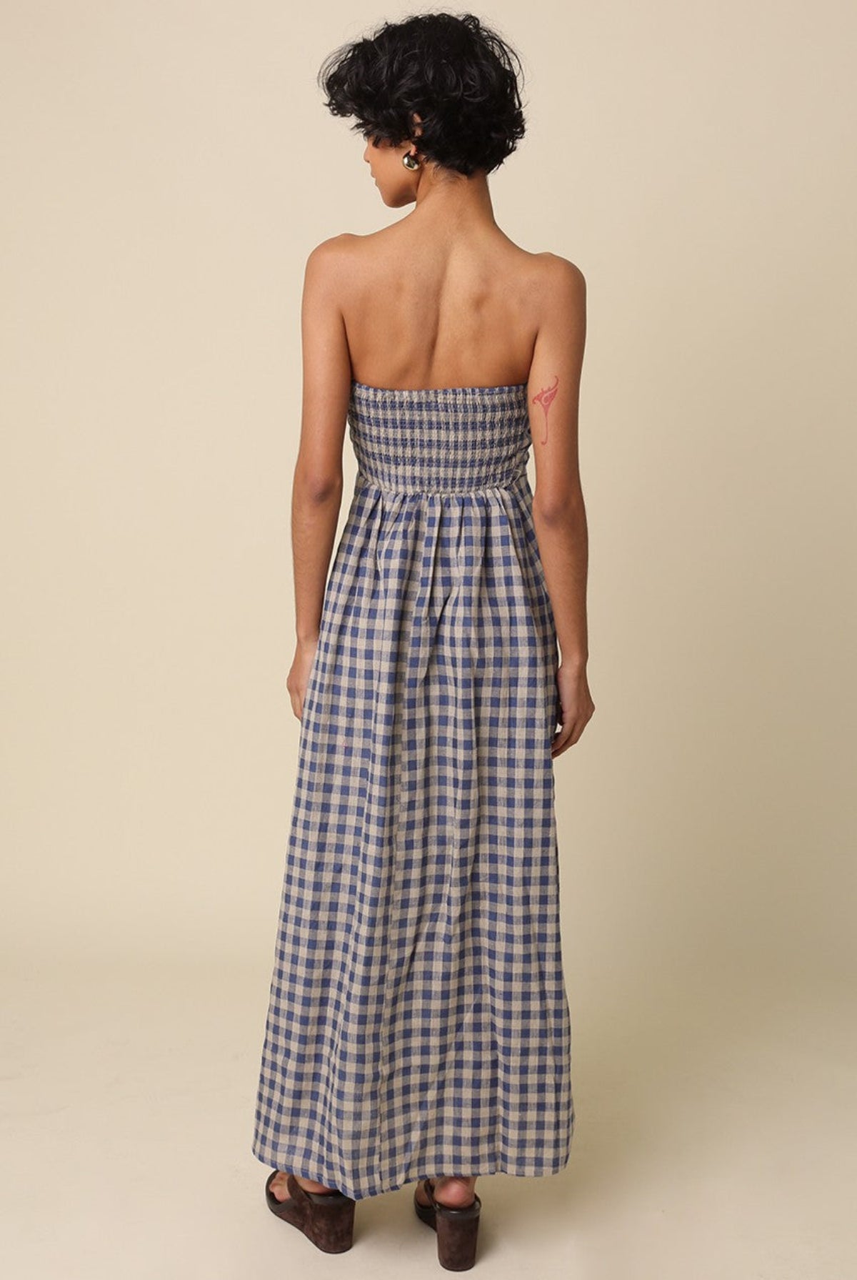 corfu blue gingham strapless maxi dress back view