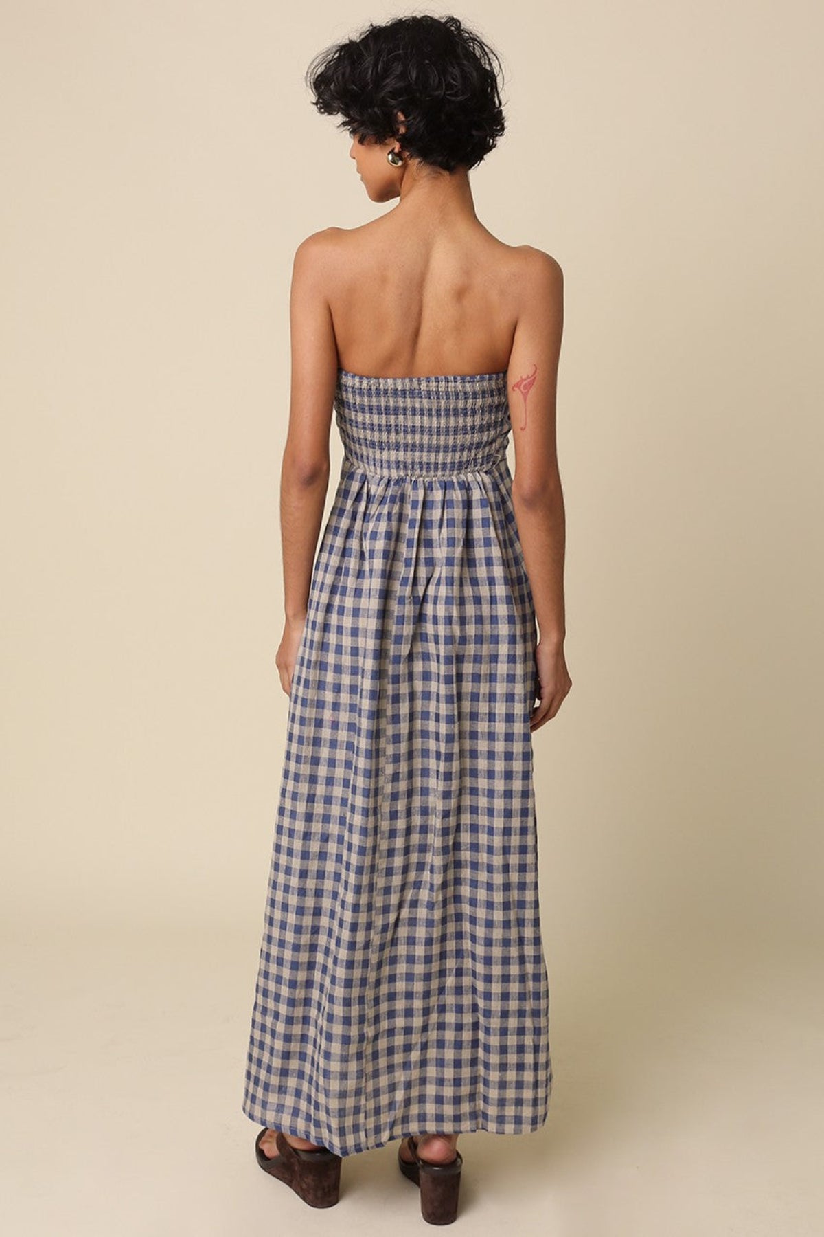 corfu blue gingham strapless maxi dress back view