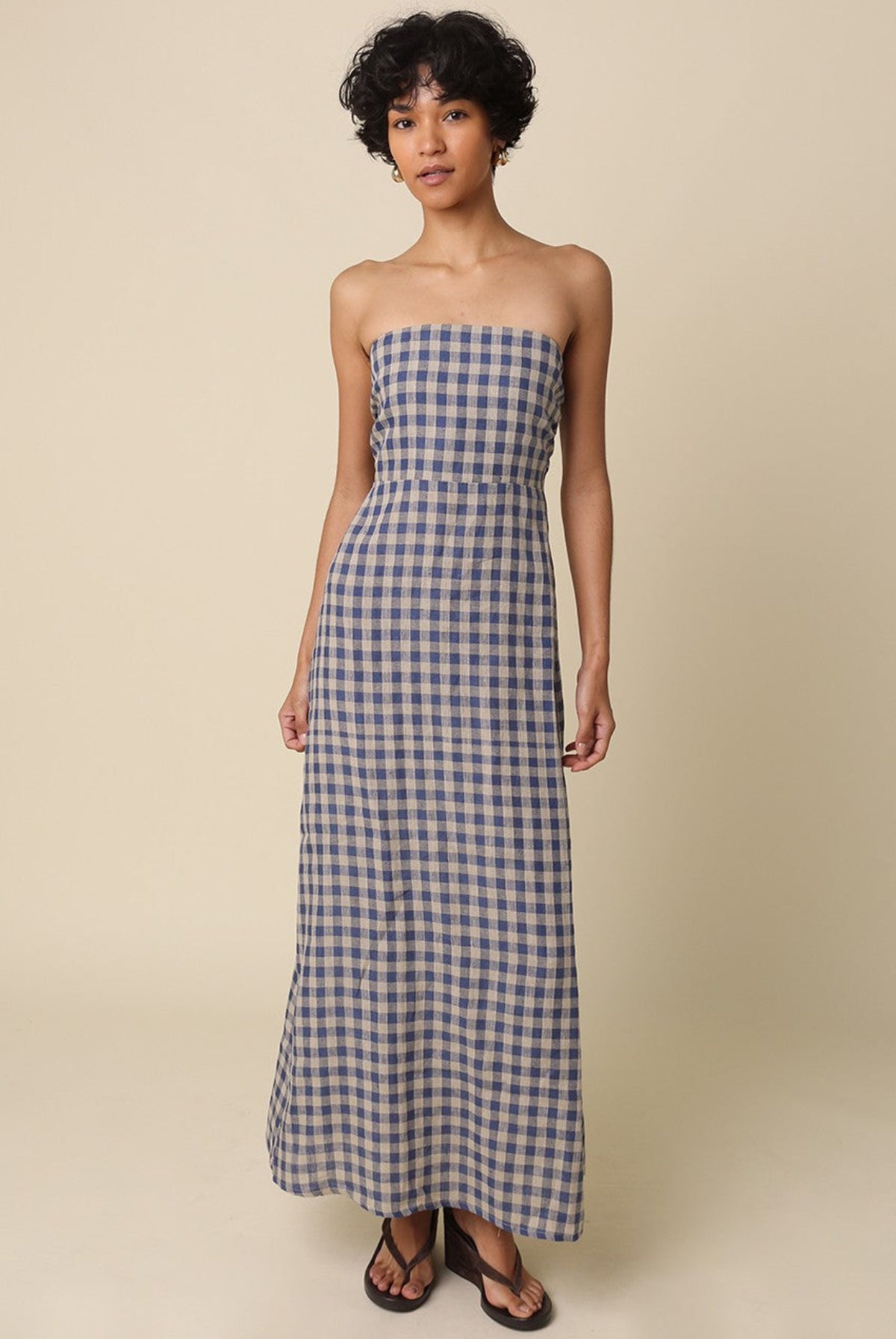 corfu blue gingham strapless maxi dress front