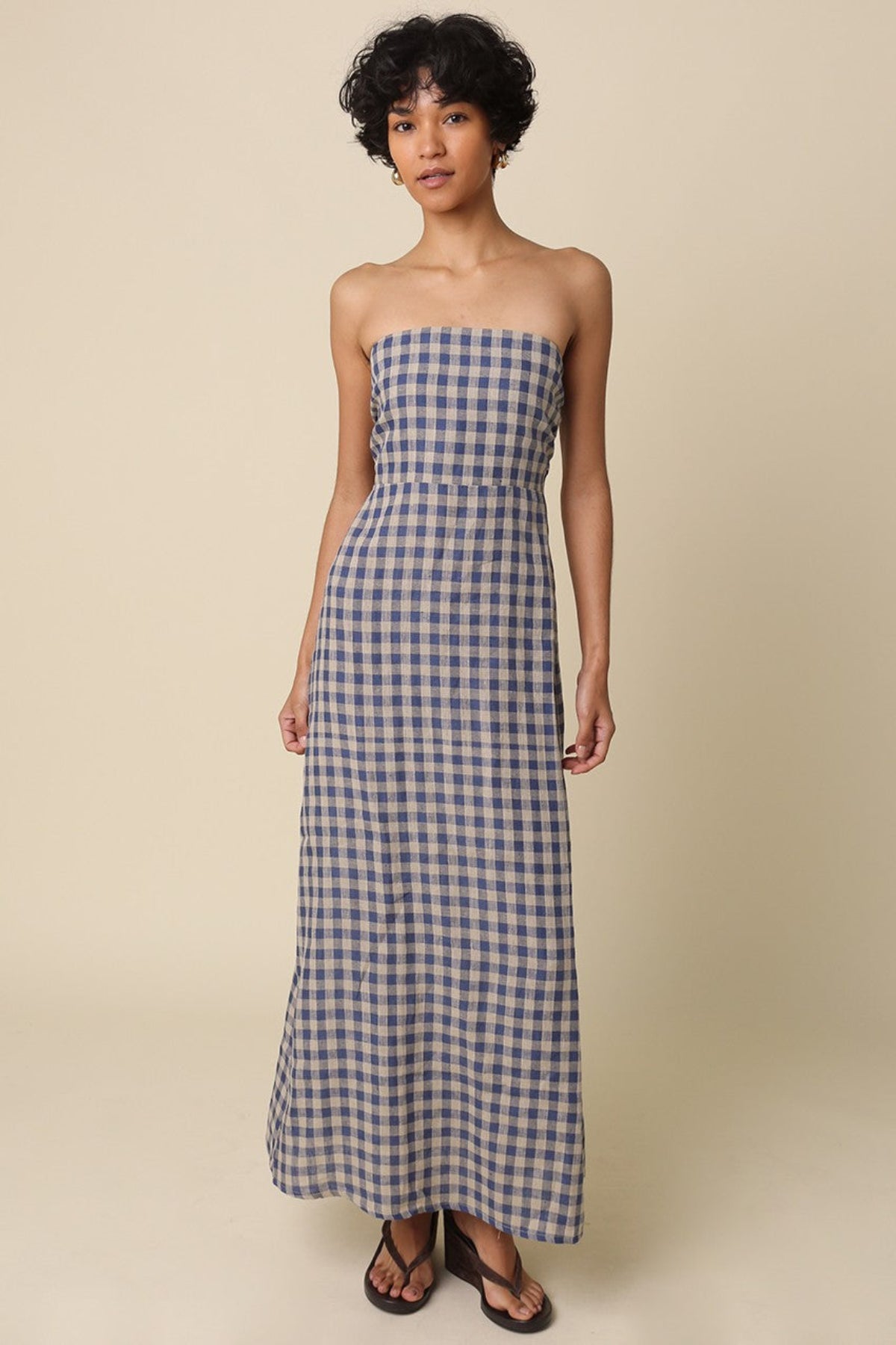 corfu blue gingham strapless maxi dress front