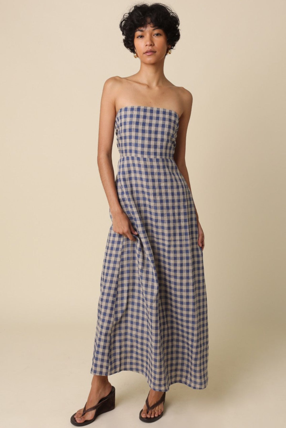 corfu blue gingham strapless maxi full outfit view