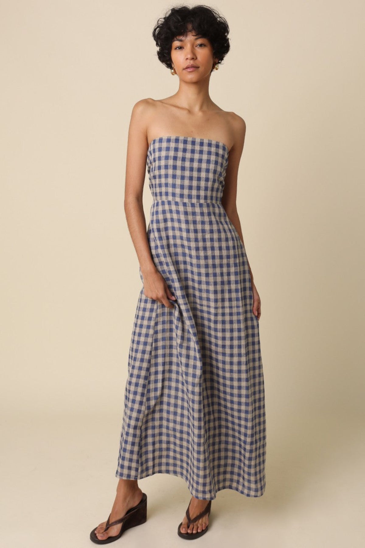 corfu blue gingham strapless maxi full outfit view