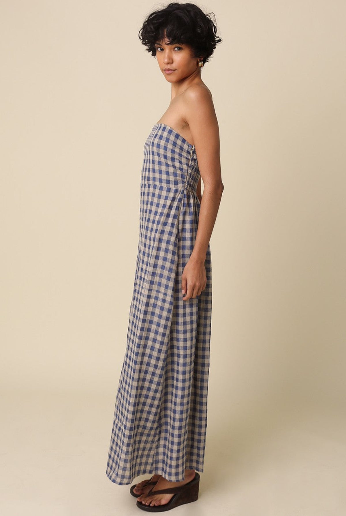 corfu blue gingham strapless maxi side view