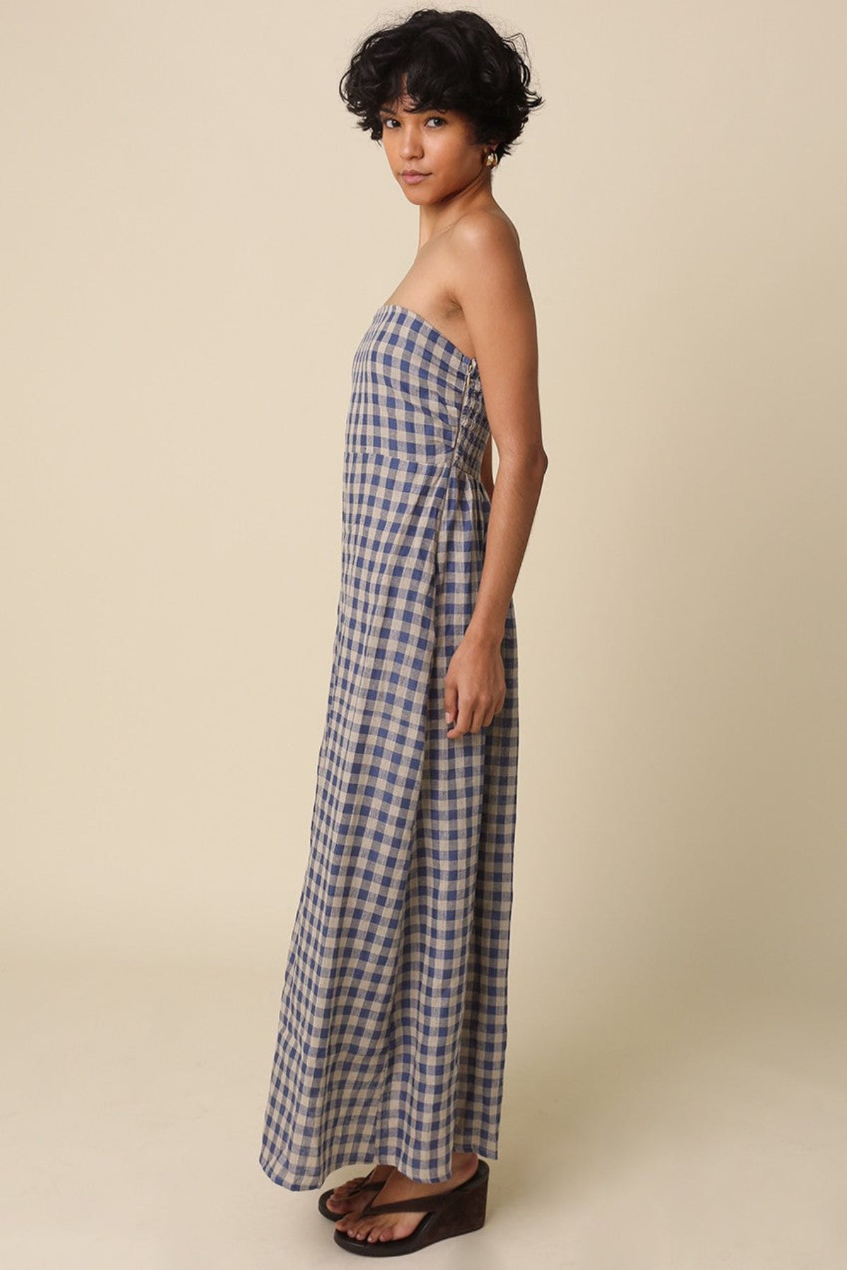 corfu blue gingham strapless maxi side view