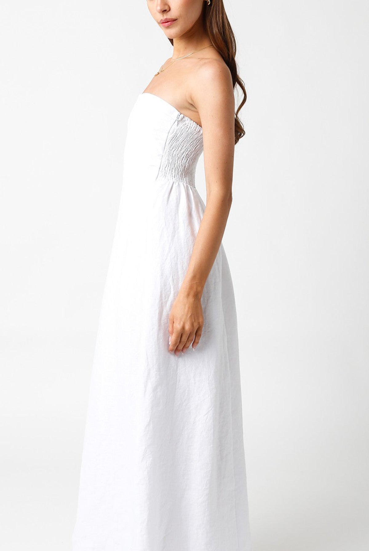 Corfu White Linen Strapless Maxi Dress side view