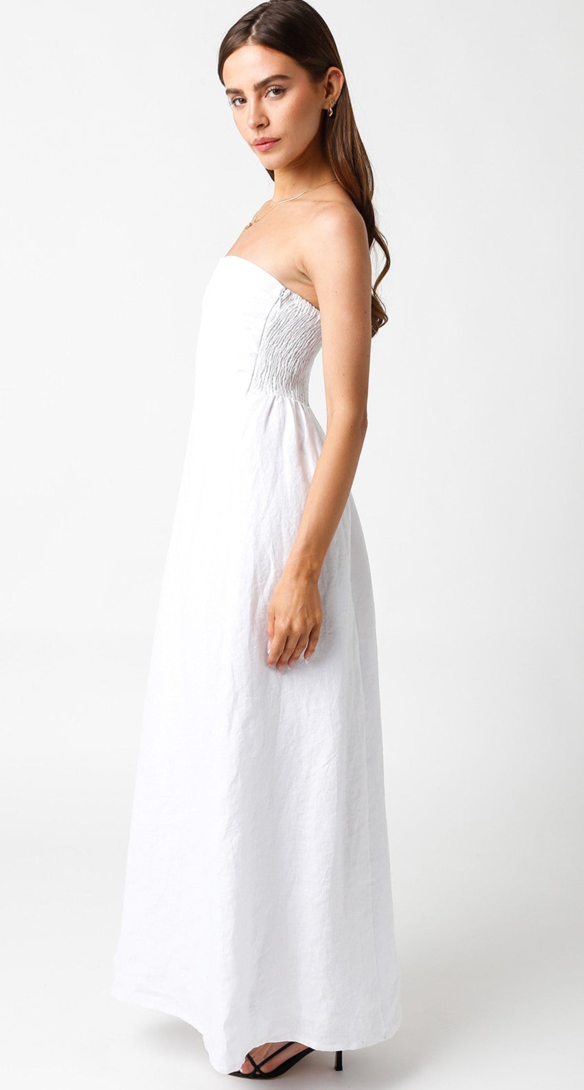 Corfu White Linen Strapless Maxi Dress side view